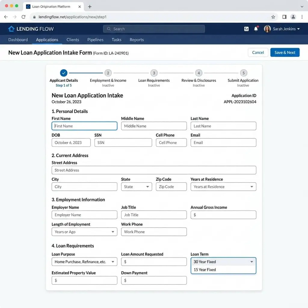 Loan Application Intake Form — Salesforce loan origination platform UI